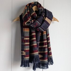 D&Y Southwest Striped Oversized Rectangle Fringe Scarf Shawl Blue Maroon Boho